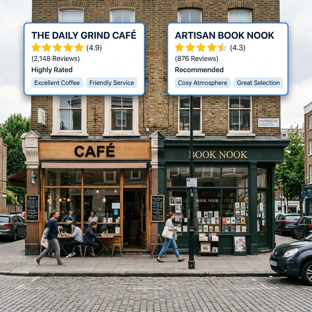 Customer in a cafe evaluating 5-star online reviews on a smartphone