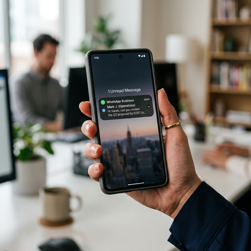 Business owner holding smartphone displaying automated workflow notifications